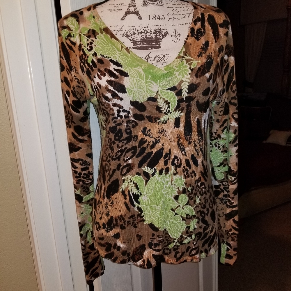 INC Black Brown & Green Leopard Print Sweater